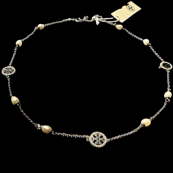 Tory Burch Jewelry - NEW Authentic Tory Burch Pearl & Silver Double T Logo Pave Necklace with Tag
